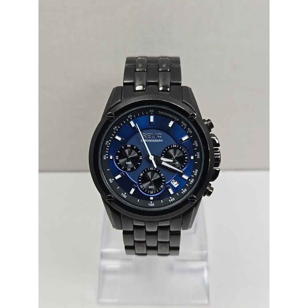 Relic by Fossil Mens Chronograph Blue Dial Watch Black Stainless New Battery